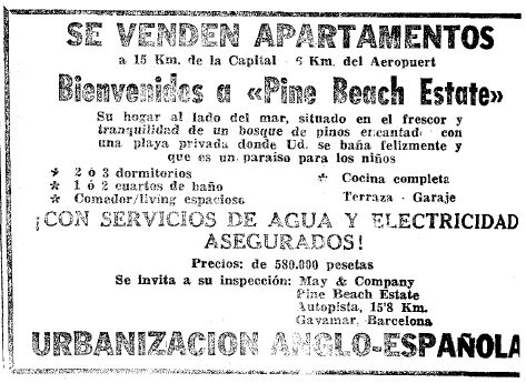Anuncio de Pine Beach de Gav Mar publicado en el diario La Vanguardia el 24 de Enero de 1965 donde se afirma que la playa es privada